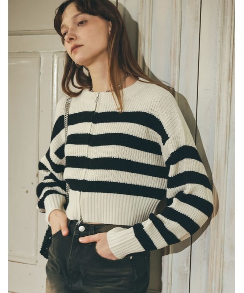 Re:EDIT（リエディ）の「ダブルジップショート丈ニットカーディガン（カーディガン/ボレロ・レディース・ブルー/ホワイト×ブラック/ブラック/アイボリー・MEDIUM/LARGE）」の18枚目の写真