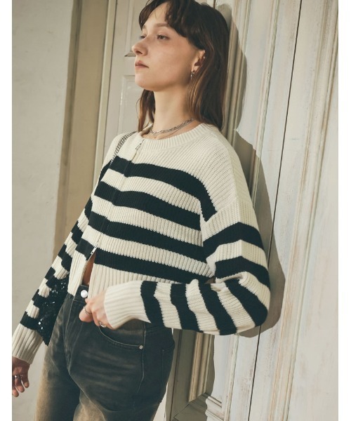 Re:EDIT（リエディ）の「ダブルジップショート丈ニットカーディガン（カーディガン/ボレロ・レディース・ブルー/ホワイト×ブラック/ブラック/アイボリー・MEDIUM/LARGE）」の21枚目の写真