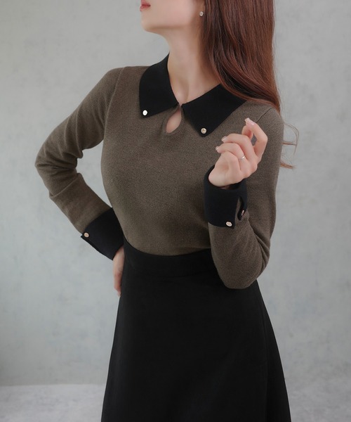 JUNOAH（ジュノア）の「バイカラーニットトップス（ニット/セーター・レディース・チャコール/アイボリー/ブラック/ダークグレー/モカ/ネイビー・LARGE/MEDIUM）」の9枚目の写真