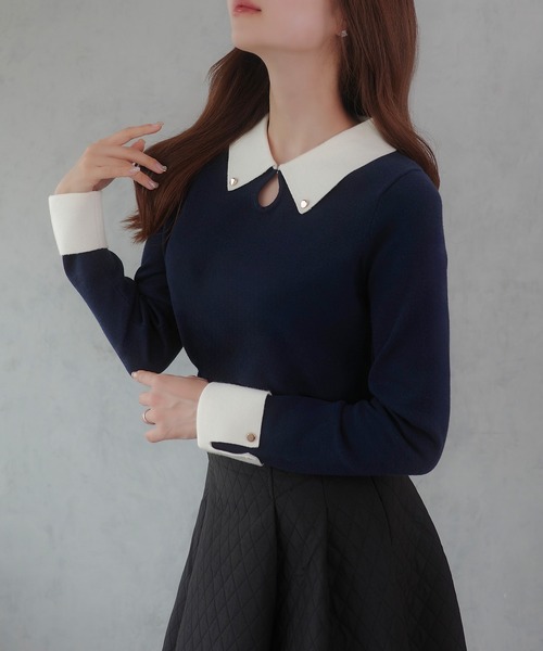 JUNOAH（ジュノア）の「バイカラーニットトップス（ニット/セーター・レディース・チャコール/アイボリー/ブラック/ダークグレー/モカ/ネイビー・LARGE/MEDIUM）」の20枚目の写真