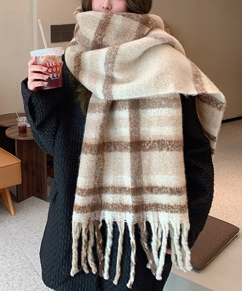 モヘアタッチ グラデーション チェック ＆ 無地マフラー ボリューム