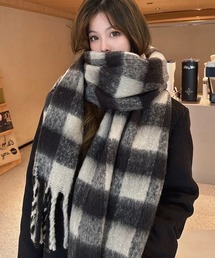 WESTSEA(ウエストシー)のモヘアタッチ グラデーション チェック & 無地マフラー ボリューム フリンジ付き(マフラー)