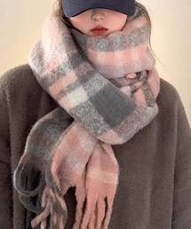 WESTSEA（ウエストシー）の「モヘアタッチ グラデーション チェック＆無地マフラー ボリューム フリンジ付き（マフラー）」