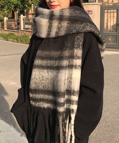 モヘアタッチ グラデーション チェック ＆ 無地マフラー ボリューム