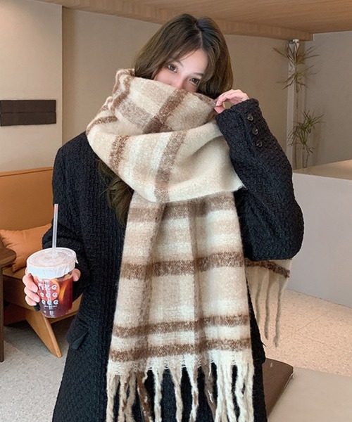 モヘアタッチ グラデーション チェック ＆ 無地マフラー ボリューム