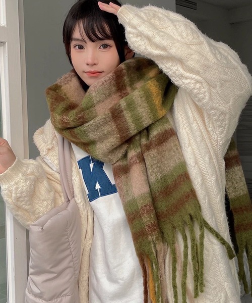 モヘアタッチ グラデーション チェック ＆ 無地マフラー ボリューム