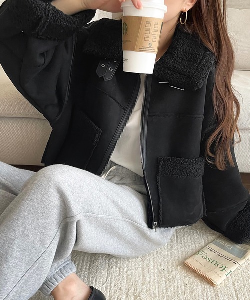 classicalelf（クラシカルエルフ）の「大人のヴィンテージ感漂う。ショート丈フェイクムートンコートジャケット（ムートンコート・レディース・ブラウン/ブラック/チャコール/アイボリー・FREE）」の12枚目の写真