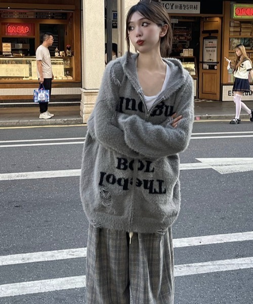 Sibra(シブラ)の「ダメージフェザーニットリラックスカーディガン(カーディガン/ボレロ・レディース・グレー/ブラック・M)」の5枚目の写真