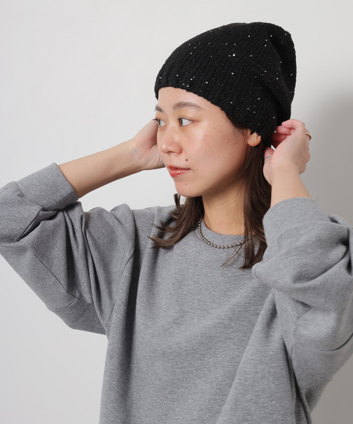 JOURNAL STANDARD relume(ジャーナルスタンダード レリューム)の「RELUME kirakira ニットボウ(ニットキャップ/ビーニー・レディース・シルバー/ブラック・FREE)」の2枚目の写真