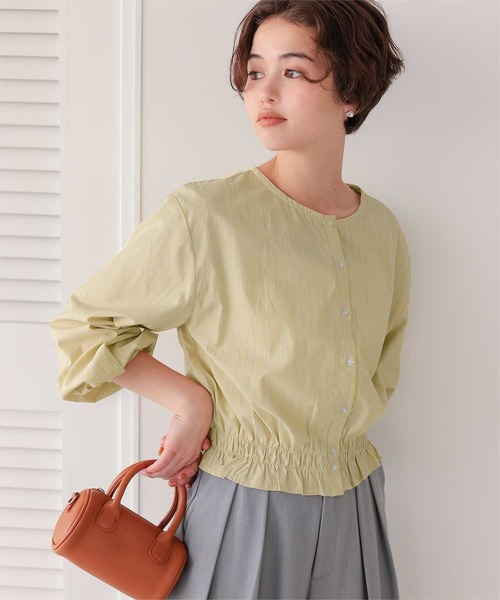 ドゥファミリィ　コットンシャーリングブラウス　ブルー 小花柄シャーリングブラウス/前後2way/洗える(ブラウス・シャツ
