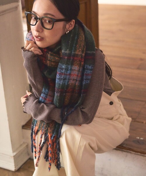 FREAK'S STORE(フリークスストア)の「ブークレチェックマフラー(マフラー・レディース・グリーン/ネイビー・ONE SIZE)」の2枚目の写真