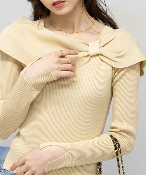 pumpkin port(パンプキンポート)の「リボンオフショル リブ カットソー トップス(Tシャツ/カットソー・レディース・ホワイト/ブラック/ベージュ/レッド・M)」の4枚目の写真