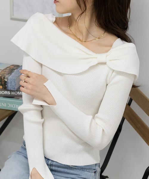 pumpkin port(パンプキンポート)の「リボンオフショル リブ カットソー トップス(Tシャツ/カットソー・レディース・ホワイト/ブラック/ベージュ/レッド・M)」の5枚目の写真