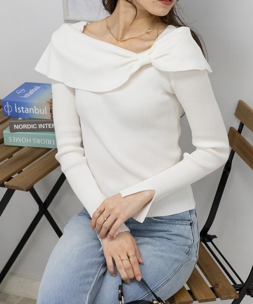 pumpkin port(パンプキンポート)の「リボンオフショル リブ カットソー トップス(Tシャツ/カットソー・レディース・ホワイト/ブラック/ベージュ/レッド・M)」の6枚目の写真