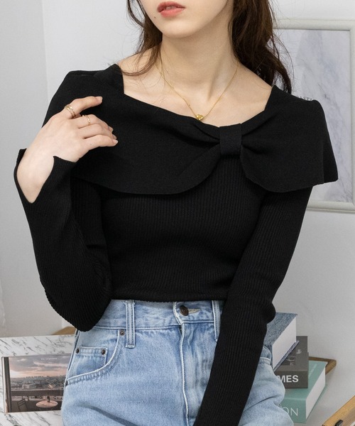 pumpkin port(パンプキンポート)の「リボンオフショル リブ カットソー トップス(Tシャツ/カットソー・レディース・ホワイト/ブラック/ベージュ/レッド・M)」の11枚目の写真