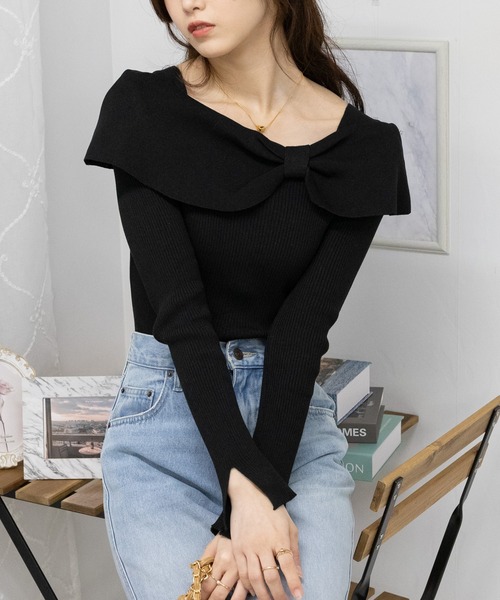 pumpkin port(パンプキンポート)の「リボンオフショル リブ カットソー トップス(Tシャツ/カットソー・レディース・ホワイト/ブラック/ベージュ/レッド・M)」の12枚目の写真