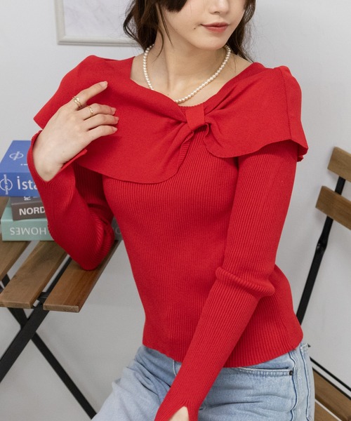 pumpkin port(パンプキンポート)の「リボンオフショル リブ カットソー トップス(Tシャツ/カットソー・レディース・ホワイト/ブラック/ベージュ/レッド・M)」の17枚目の写真