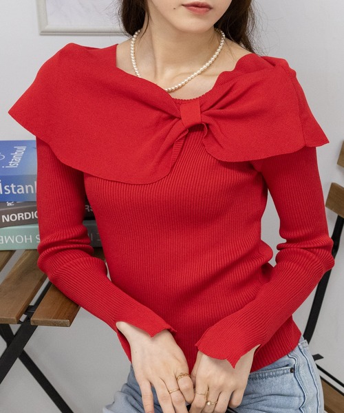pumpkin port(パンプキンポート)の「リボンオフショル リブ カットソー トップス(Tシャツ/カットソー・レディース・ホワイト/ブラック/ベージュ/レッド・M)」の18枚目の写真