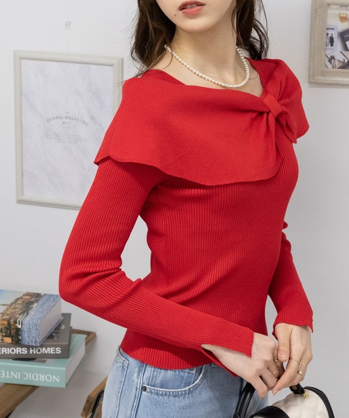 pumpkin port(パンプキンポート)の「リボンオフショル リブ カットソー トップス(Tシャツ/カットソー・レディース・ホワイト/ブラック/ベージュ/レッド・M)」の19枚目の写真