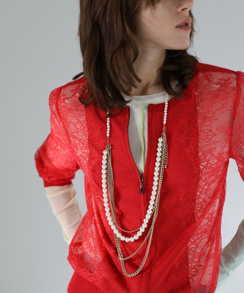 AULA AILA（アウラアイラ）の「2WAYレースシアーニットカーディガン（カーディガン/ボレロ・レディース・ブラック/イエロー×グリーン/シルバー/レッド・0）」の5枚目の写真