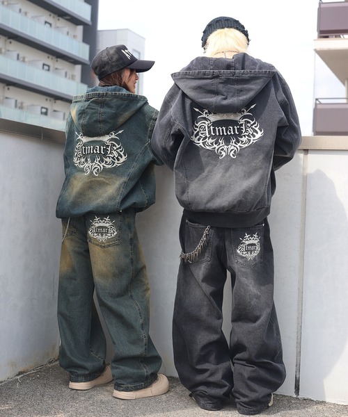 2サイズ展開 / UNISEX 》ATMARKトライバルクラウンロゴバギーデニム