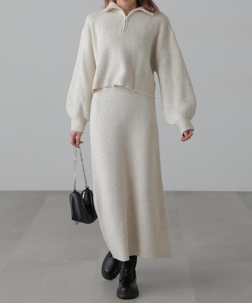 FREE'S MART（フリーズマート）の「ハーフジップニット×ナロースカートセットアップ（ワンピース・レディース・グレー/カーキ/ホワイト・SMALL/MEDIUM）」の8枚目の写真