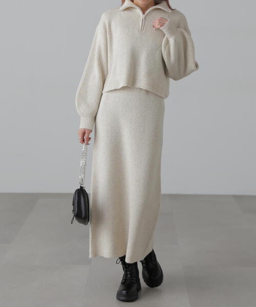 FREE'S MART（フリーズマート）の「ハーフジップニット×ナロースカートセットアップ（ワンピース・レディース・グレー/カーキ/ホワイト・SMALL/MEDIUM）」の10枚目の写真