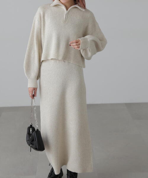 FREE'S MART（フリーズマート）の「ハーフジップニット×ナロースカートセットアップ（ワンピース・レディース・グレー/カーキ/ホワイト・SMALL/MEDIUM）」の11枚目の写真