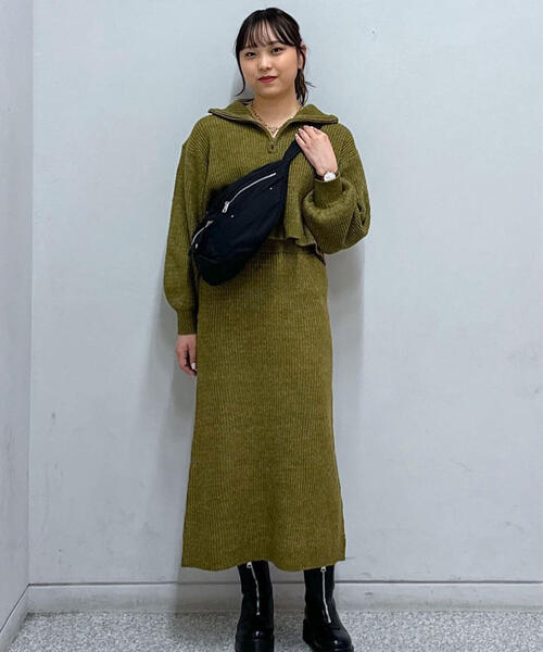 FREE'S MART（フリーズマート）の「ハーフジップニット×ナロースカートセットアップ（ワンピース・レディース・グレー/カーキ/ホワイト・SMALL/MEDIUM）」の18枚目の写真