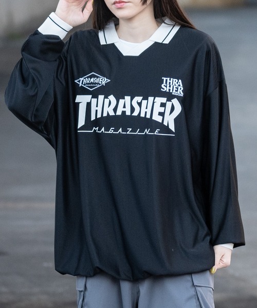 THRASHER(スラッシャー)の「【at】〔THRASHER/スラッシャー〕シャドウストライプ フロントロゴ ユニフォームデザイン ゲームシャツ(Tシャツ/カットソー・メンズ・ホワイト/ブラック・LARGE/MEDIUM)」の1枚目の写真