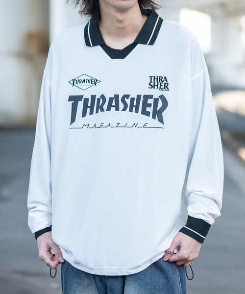 THRASHER(スラッシャー)の「【at】〔THRASHER/スラッシャー〕シャドウストライプ フロントロゴ ユニフォームデザイン ゲームシャツ(Tシャツ/カットソー・メンズ・ホワイト/ブラック・LARGE/MEDIUM)」の5枚目の写真