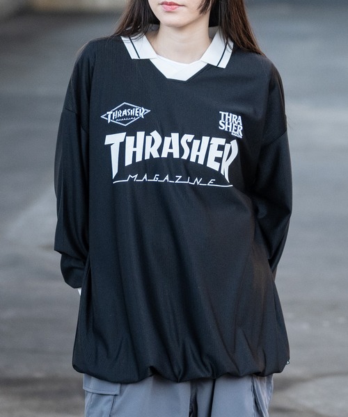 THRASHER(スラッシャー)の「【at】〔THRASHER/スラッシャー〕シャドウストライプ フロントロゴ ユニフォームデザイン ゲームシャツ(Tシャツ/カットソー・メンズ・ホワイト/ブラック・LARGE/MEDIUM)」の4枚目の写真
