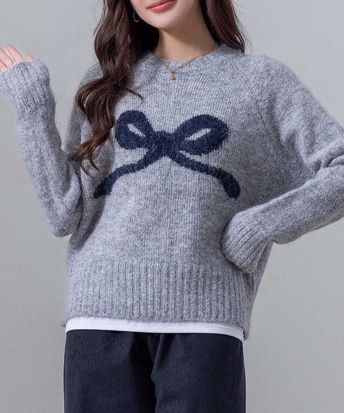 DAY CLOSET(デイ クローゼット)の「【ふわふわニット】長袖 バレエコア リボンモチーフ ジャガード ニット セーター レディース(ニット/セーター・レディース・グレー/オフホワイト/ライラック/ブラック・FREE)」の3枚目の写真