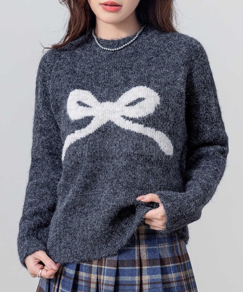 DAY CLOSET(デイ クローゼット)の「【ふわふわニット】長袖 バレエコア リボンモチーフ ジャガード ニット セーター レディース(ニット/セーター・レディース・グレー/オフホワイト/ライラック/ブラック・FREE)」の1枚目の写真