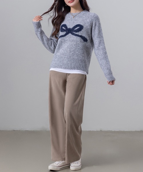 DAY CLOSET(デイ クローゼット)の「【ふわふわニット】長袖 バレエコア リボンモチーフ ジャガード ニット セーター レディース(ニット/セーター・レディース・グレー/オフホワイト/ライラック/ブラック・FREE)」の18枚目の写真