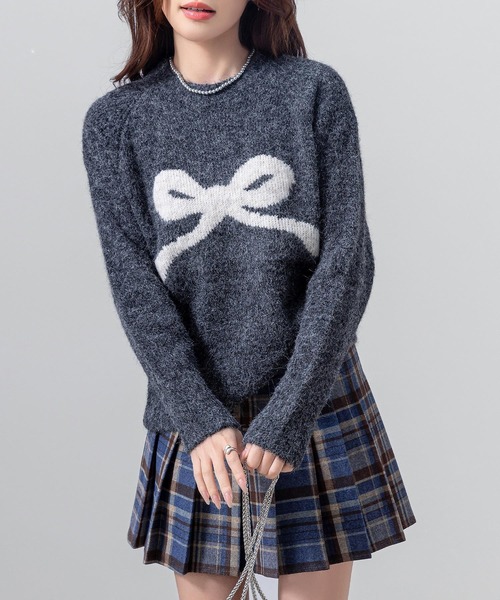 DAY CLOSET(デイ クローゼット)の「【ふわふわニット】長袖 バレエコア リボンモチーフ ジャガード ニット セーター レディース(ニット/セーター・レディース・グレー/オフホワイト/ライラック/ブラック・FREE)」の7枚目の写真