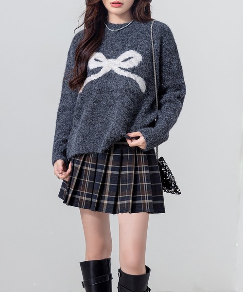 DAY CLOSET(デイ クローゼット)の「【ふわふわニット】長袖 バレエコア リボンモチーフ ジャガード ニット セーター レディース(ニット/セーター・レディース・グレー/オフホワイト/ライラック/ブラック・FREE)」の8枚目の写真