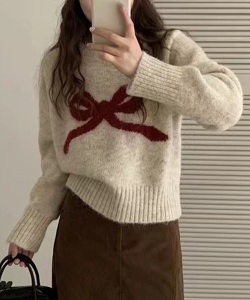 DAY CLOSET(デイ クローゼット)の「【ふわふわニット】長袖 バレエコア リボンモチーフ ジャガード ニット セーター レディース(ニット/セーター・レディース・グレー/オフホワイト/ライラック/ブラック・FREE)」の5枚目の写真