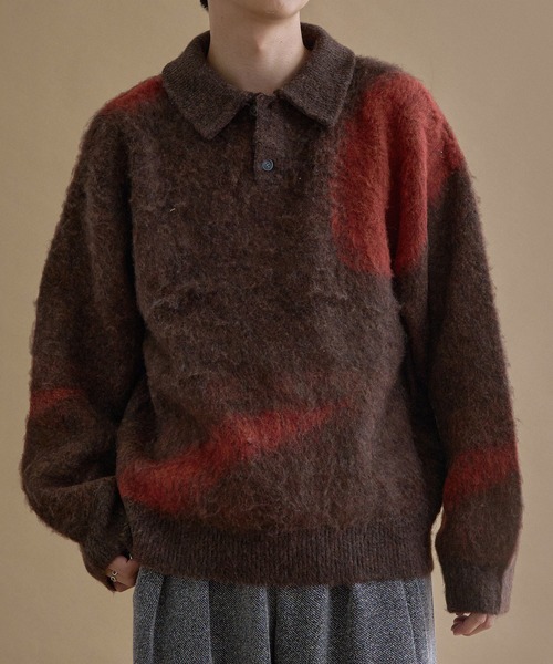 epnok(エプノック)の「アブストラクトルーズニットポロ(ニット/セーター・メンズ・ネイビー/ダークブラック/ライトグレー/ダークブラウン/グレー系1/レッド/ベージュ/ピンク系1/アッシュブラウン/ライトブルー・SMALL/MEDIUM/LARGE)」の1枚目の写真