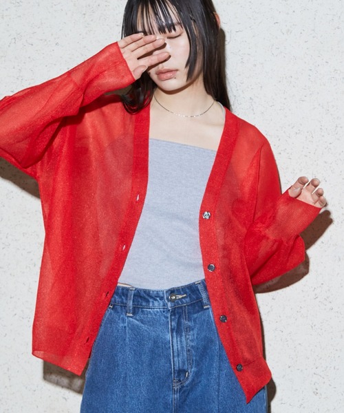 NOMINE（ノミネ）の「ジャガード シアー ニットカーディガン（カーディガン/ボレロ・レディース・レッド/ライトグレー/アイボリー/ブラック・フリー）」の4枚目の写真