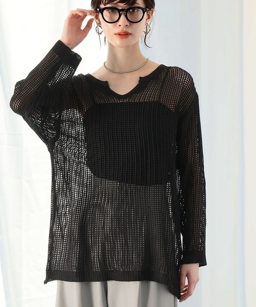 Ampirula(アンピルーラ)の「キーネックオーバーサイズメッシュニットプルオーバー(Tシャツ/カットソー・レディース・ブラック/アイボリー・FREE)」の9枚目の写真