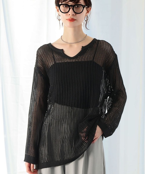 Ampirula(アンピルーラ)の「キーネックオーバーサイズメッシュニットプルオーバー(Tシャツ/カットソー・レディース・ブラック/アイボリー・FREE)」の10枚目の写真