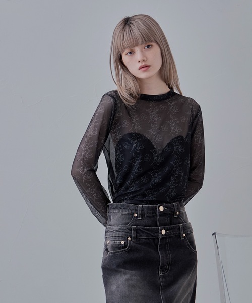 トップス @_@ ラインフラワークルーネックシアートップス（Tシャツ/カットソー