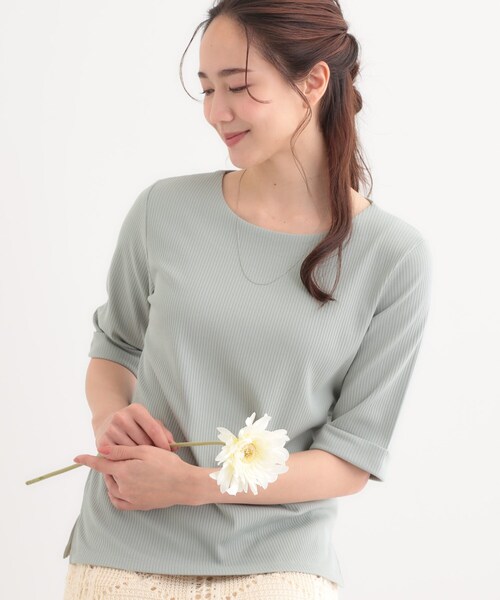 DRESKIP（ドレスキップ）の「【S-LL】1枚でもインナーでも テレコ5分袖トップス（Tシャツ/カットソー・レディース・グリーン系/オフホワイト/ホワイト系5/ブラック・01/02/03/04）」の4枚目の写真