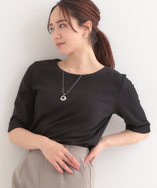 DRESKIP（ドレスキップ）の「【S-LL】1枚でもインナーでも テレコ5分袖トップス（Tシャツ/カットソー・レディース・グリーン系/オフホワイト/ホワイト系5/ブラック・01/02/03/04）」の3枚目の写真