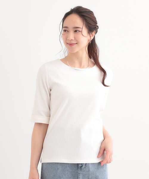 DRESKIP（ドレスキップ）の「【S-LL】1枚でもインナーでも テレコ5分袖トップス（Tシャツ/カットソー・レディース・グリーン系/オフホワイト/ホワイト系5/ブラック・01/02/03/04）」の5枚目の写真