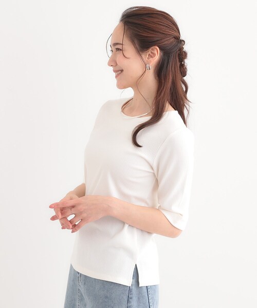 DRESKIP（ドレスキップ）の「【S-LL】1枚でもインナーでも テレコ5分袖トップス（Tシャツ/カットソー・レディース・グリーン系/オフホワイト/ホワイト系5/ブラック・01/02/03/04）」の6枚目の写真