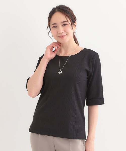 DRESKIP（ドレスキップ）の「【S-LL】1枚でもインナーでも テレコ5分袖トップス（Tシャツ/カットソー・レディース・グリーン系/オフホワイト/ホワイト系5/ブラック・01/02/03/04）」の9枚目の写真