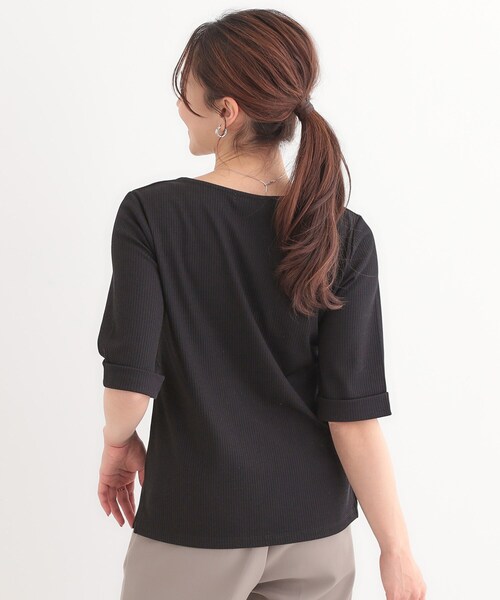 DRESKIP（ドレスキップ）の「【S-LL】1枚でもインナーでも テレコ5分袖トップス（Tシャツ/カットソー・レディース・グリーン系/オフホワイト/ホワイト系5/ブラック・01/02/03/04）」の10枚目の写真