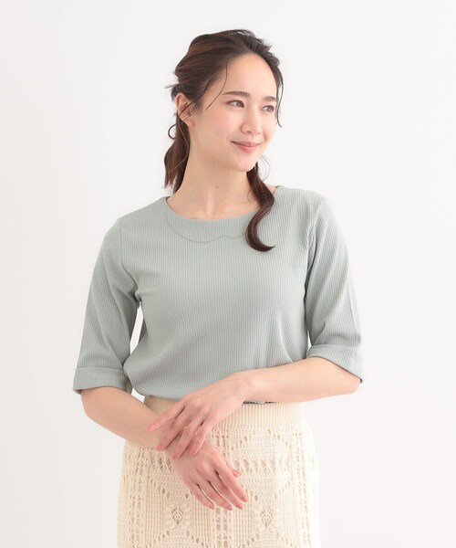 DRESKIP（ドレスキップ）の「【S-LL】1枚でもインナーでも テレコ5分袖トップス（Tシャツ/カットソー・レディース・グリーン系/オフホワイト/ホワイト系5/ブラック・01/02/03/04）」の13枚目の写真